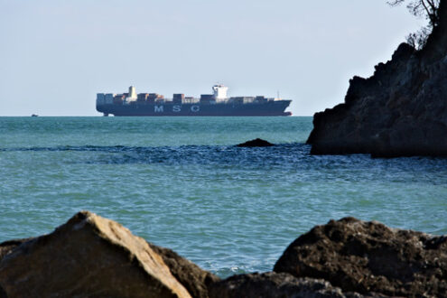 A cargo ship on the horizon in the green sea. Foto navi. Ships photo.