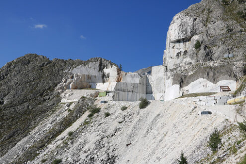 Cave Alpi Apuane. A quarry of white marble. The precious white marble has been extracted from the Alpi Apuane quarries since Roman times.
