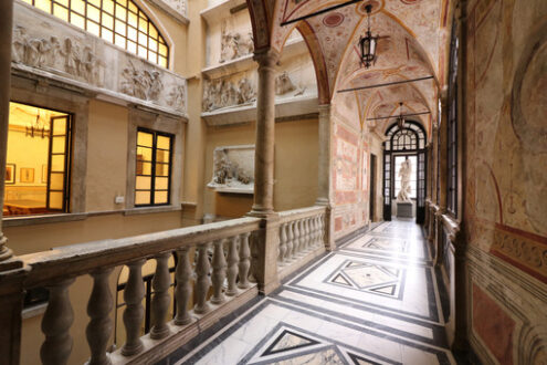 Accademia Carrara.  Inside of the Carrara Academy of Fine Arts. Marble floors, sculptures, reliefs and stained glass windows. Toscana - MyVideoimage.com | Foto stock & Video footage