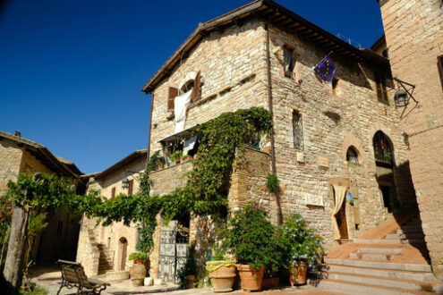 Alley of the city of Assisi with stone facades of historic houses. Arbor with climbing vine plant and flags on the walls of buildings. - MyVideoimage.com