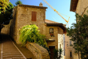 Alley of the city of Assisi with stone facades of historic houses. 	Bushes of green plants and people walking in the alley. - MyVideoimage.com