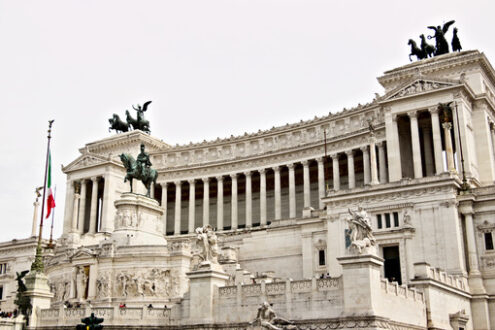 Altar of the Fatherland or Vittoriano. Rome. Altar of the Fatherland or Vittoriano in Piazza Venezia in Rome. Large monument with colonnade made of Botticino marble. - MyVideoimage.com | Foto stock & Video footage