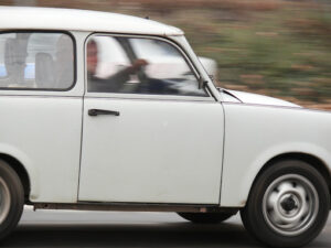 Ancient Trabant car. A Trabant runs through the streets of Budapest - MyVideoimage.com