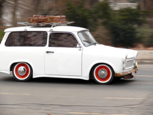 Ancient Trabant car. A Trabant runs through the streets of Budapest - MyVideoimage.com