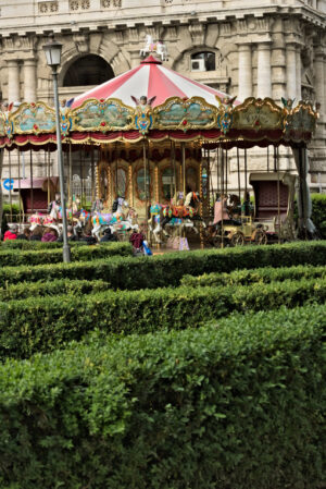 Ancient carousel in a public park. In the foreground hedges with boxwood plants. - MyVideoimage.com | Foto stock & Video footage