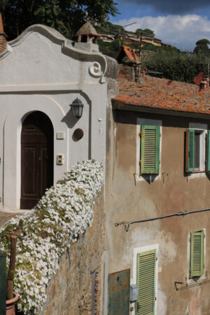 Ancient house in the village of Castiglione della Pescaia, Faciata painted in white. Wall with flowering plants. Windows with shutters. - MyVideoimage.com