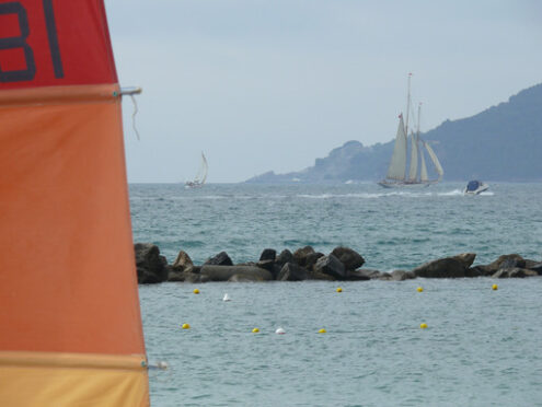 Ancient vessel. Ancient sailing vessel in the Ligurian sea. - MyVideoimage.com | Foto stock & Video footage