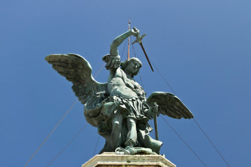 Angel with sword. Bronze angel above Castel Sant’Angelo. Stock photo royalty free. Roma foto. - MyVideoimage.com | Foto stock & Video footage