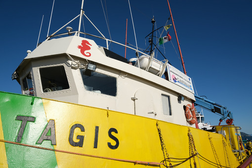 Anti inquinamento. Battello per la pulizia del mare. Anti-pollution vessel TAGIS of Castalia anchored at the port of La Spezia. Painted hull of various colors: Yellow, green, red. - MyVideoimage.com | Foto stock & Video footage
