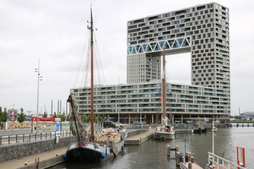 Apartment building in Amsterdam Pontsteiger. The building is located on the river bank and was designed by the architectural firm Arons en Gelauff. - MyVideoimage.com