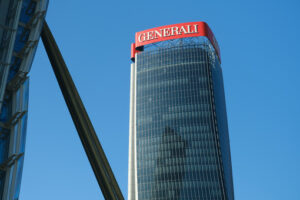 Assicurazioni Generali Milano. Assicurazioni Generali tower  Assicurazioni Generali tower with sign logo. Three towers. Milan. CityLife includes three skyscrapers and pedestrian areas with greenery. - MyVideoimage.com | Foto stock & Video footage