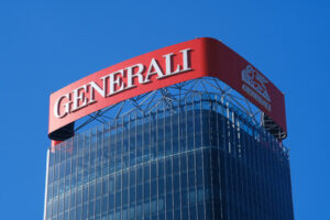 Assicurazioni Generali tower  Assicurazioni Generali tower with sign logo. Three towers. Milan. CityLife includes three skyscrapers and pedestrian areas with greenery. - MyVideoimage.com | Foto stock & Video footage