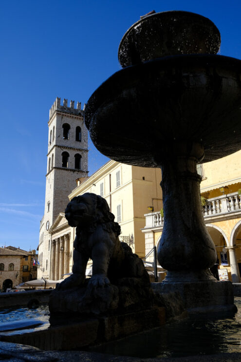 Assisi photo. Piazza del Comune in Assisi with a stone fountain, civic tower and temple of Minerva. - MyVideoimage.com | Foto stock & Video footage