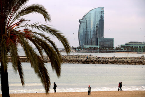 Barcelona, Spain. The skyline of Barcelona with the sea, the beach and modern buildings - MyVideoimage.com