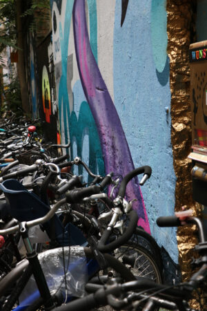 Berlin, Germany, 13 June 2018. A colorful mural in a bicycle par - MyVideoimage.com