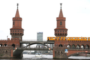 Berlin, Germany, 13 June 2018. The two-level “Oberbaumbrücke” bridge over the Spree river. The towers  are built in red brick - MyVideoimage.com