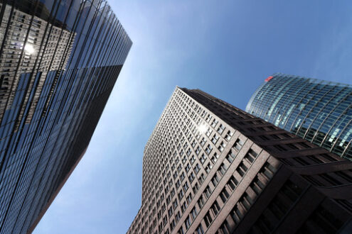 Berlin. 06/14/2018. Skyscrapers of Potsdamer Platz on the blue sky. Foto Berlino.