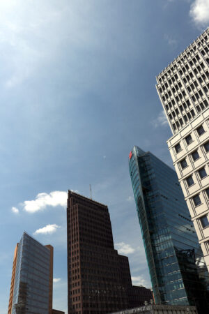 Berlin. 06/14/2018. Skyscrapers of Potsdamer Platz on the blue sky. Foto Berlino.