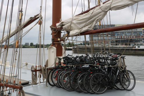 Bicycle parking on the deck of a sailing ship. - MyVideoimage.com