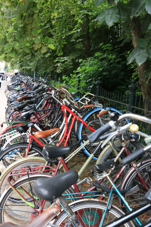 Bike parking. Bicycle parking near a public park. - MyVideoimage.com | Foto stock & Video footage