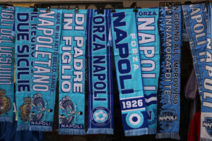 Blue scarves with the writing Napoli. - MyVideoimage.com