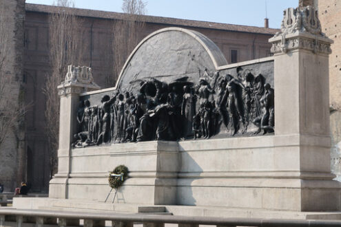 Bronze monument to music composer Giuseppe Verdi. The work is located in Parma, near the Pilotta buildings. - MyVideoimage.com