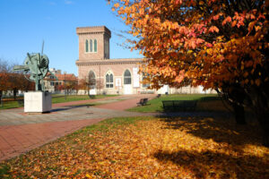 Building of the Carlo Ottolini Cotton mill today Textile Museum in Busto Arsizio. Neo-Gothic construction in terracotta bricks with turrets and ogival windows. - MyVideoimage.com