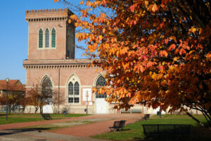 Building of the Carlo Ottolini Cotton mill today Textile Museum in Busto Arsizio. Neo-Gothic construction in terracotta bricks with turrets and ogival windows. - MyVideoimage.com