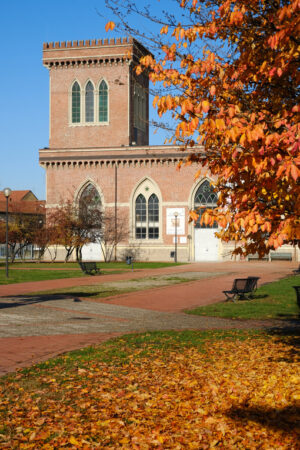 Building of the Carlo Ottolini Cotton mill today Textile Museum in Busto Arsizio. Neo-Gothic construction in terracotta bricks with turrets and ogival windows. Foto Busto Arsizio photo