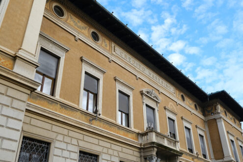 Building of the Credito Varesino bank and the historic center of Busto Arsizio. - MyVideoimage.com