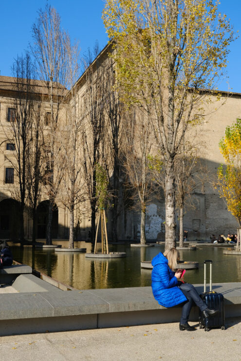 Buildings of the Pilotta in Parma. Fountain with pond and poplar trees. - MyVideoimage.com