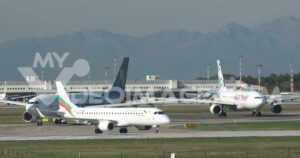 Bulgaria Air footage video. Bulgaria Air Embraer 190/195 airplane on the Malpensa airport runway.  Video footage. - MyVideoimage.com | Foto stock & Video footage