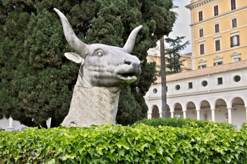 Bull heads, Sculpture in Rome. Bull head in Michelangelo’s cloister in Rome. - MyVideoimage.com | Foto stock & Video footage