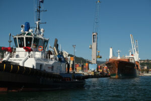 Cargo ship loading at the port of La Spezia. In the foreground a tugboat. Foto navi. Ships photo.