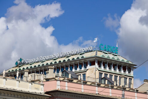 Carige Genova.  Genoa. Banca Carige advertising sign. Piazza De Ferrari. - MyVideoimage.com | Foto stock & Video footage