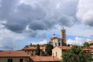 Cathedral of San Cerbone and the bell tower of Massa Marittima. The church located in Piazza Garibaldi is in Romanesque and Gothic style. - MyVideoimage.com