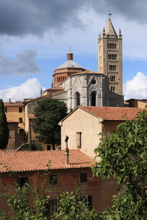 Cathedral of San Cerbone and the bell tower of Massa Marittima. The church located in Piazza Garibaldi is in Romanesque and Gothic style. - MyVideoimage.com