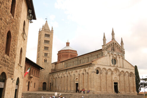 Cathedral of San Cerbone and the bell tower of Massa Marittima. The church located in Piazza Garibaldi is in Romanesque and Gothic style. - MyVideoimage.com