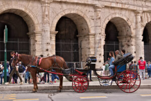 Cavallo Roma, calesse in attesa. Cavallo con calesse davanti al Colosseo. - MyVideoimage.com | Foto stock & Video footage