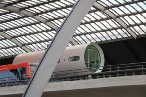 Central Station. Futuristic tubular building. Glazed roof. c