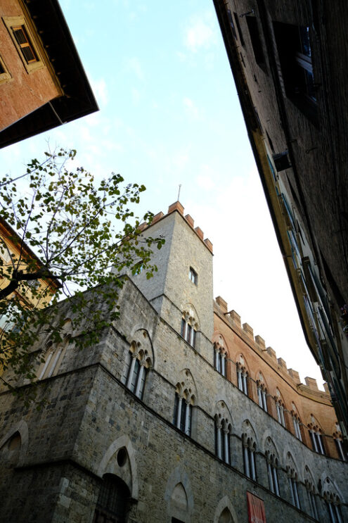 Chigiana Music Academy in Siena. Ancient Chigi Saracini Lucherini palace built in stone. - MyVideoimage.com | Foto stock & Video footage