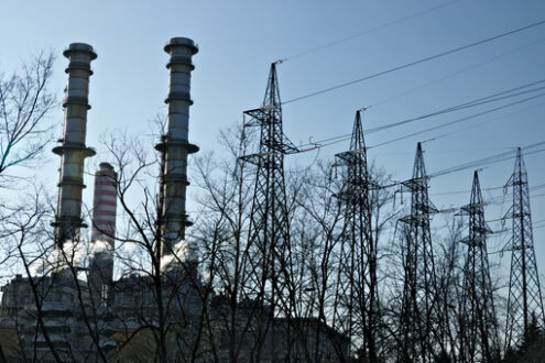 Chimneys, pylons and cables of the power plant. - MyVideoimage.com