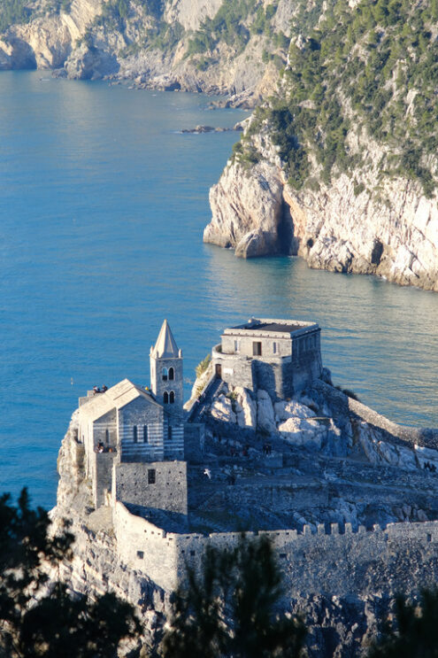 Church on the rocks. Liguria. Church of San Pietro in Portovenere on the rocks overlooking the sea. - MyVideoimage.com | Foto stock & Video footage