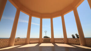 Circular gazebo temple of music near the Mascagni terrace. Interior view with columns framing the sea and the sky. - MyVideoimage.com