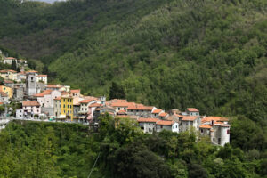 Colonnata village. View of the town of Colonnata, famous for the production of lard. The walls of the houses in stone and white Carrara marble. Woods background. Northern Tuscany. Colonnata, Carrara, Italy. - MyVideoimage.com | Foto stock & Video footage