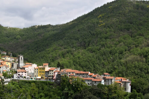 Colonnata walls. View of the town of Colonnata, famous for the production of lard. The walls of the houses in stone and white Carrara marble. Woods background. Northern Tuscany. Colonnata, Carrara, Italy. - MyVideoimage.com | Foto stock & Video footage