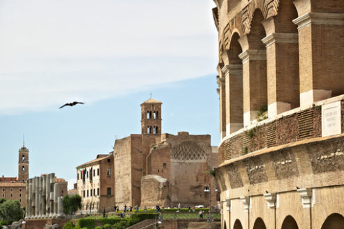 Colosseum Rome. In the foreground an external wall of the Colosseum and in the background the Imperial Forums. - MyVideoimage.com | Foto stock & Video footage