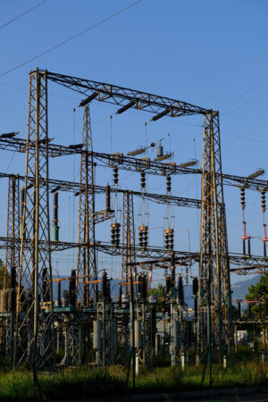 Corrente elettrica. High voltage electrical pylons.  Foto stock royalty free. - MyVideoimage.com | Foto stock & Video footage