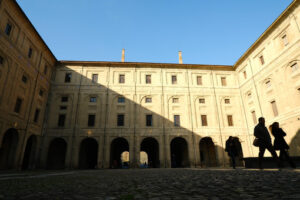 Courtyard in the Palazzo della Pilotta in Parma. The building is built of terracotta bricks. - MyVideoimage.com