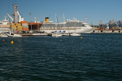 Cruise ship Costa Fortuna anchored at the Port of La Spezia in Liguria. Sky and blue sea background. Foto navi. Ships photo.